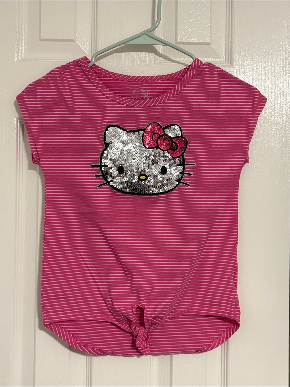 Sanrio Girls Hot Pink Striped Hello Kitty Sequin Knot Top Size 10